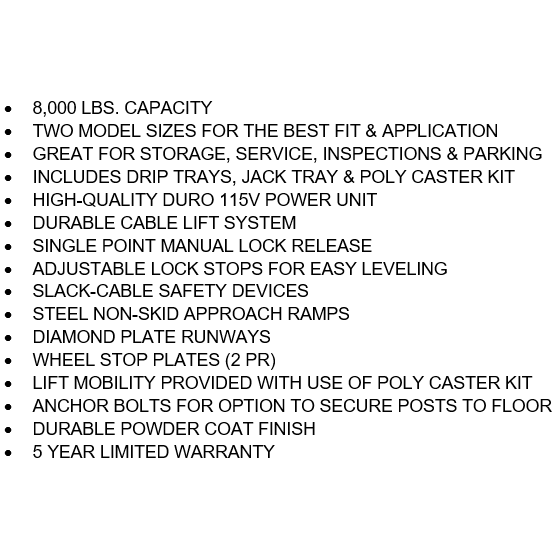 Tuxedo FP8K-DX 8,000 lb Deluxe Storage Lift - Poly casters, drip trays, jack...