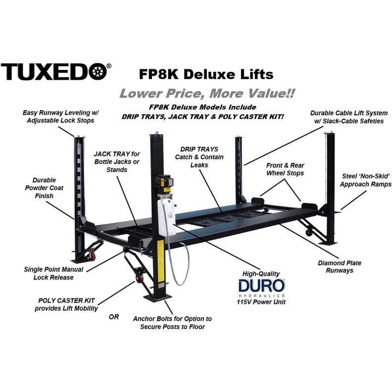 Tuxedo FP8K-DX 8,000 lb Deluxe Storage Lift - Poly casters, drip trays, jack...